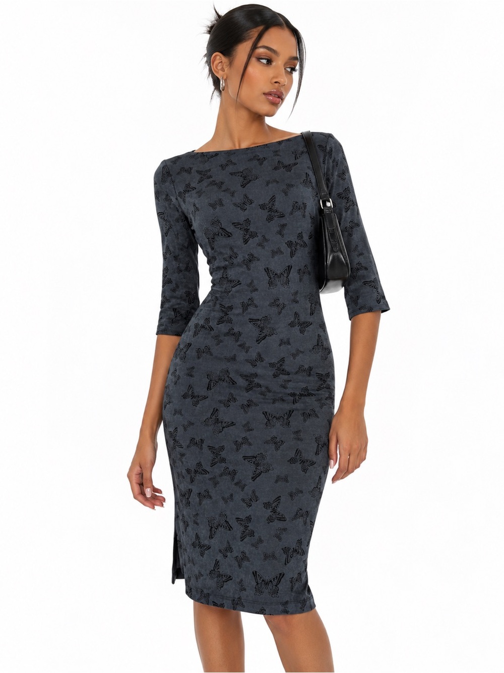 VINTAGE Y2K 90's Slate Blue Grey Butterfly Print Dress